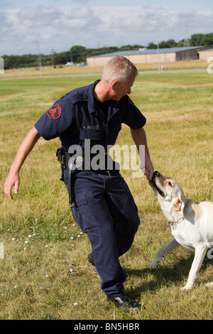 Agent de correction de chien joue avec son k-9. Nebraska Ministère des Services correctionnels. Banque D'Images