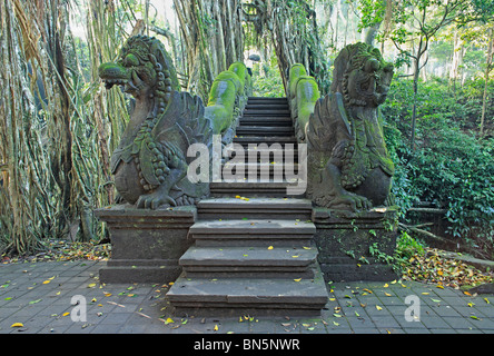 Deux immenses statues de dragon en pierre qui gardent les escaliers au saint Temple et bassin de baignade. La forêt des singes sacrés. Ubud, Bali Banque D'Images