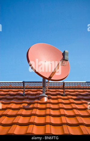 Antenne parabolique sur le toit avec ciel bleu clair Banque D'Images