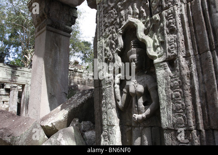 Une devata à Ta Prohm, Parc archéologique d'Angkor, Cambodge Banque D'Images