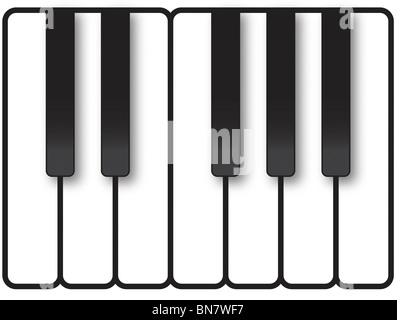 Touches Piano montrant une octave de notes dans un smiple, illustration graphique minimaliste sur noir et blanc. Banque D'Images