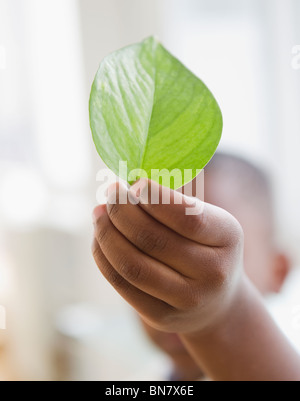 Black Boy holding Green leaf Banque D'Images