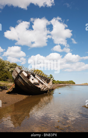 Vieille coque en bois d'une épave dans l'estuaire de la rivière Afon Goch. Traeth Dulas, Isle of Anglesey, au nord du Pays de Galles, Royaume-Uni, Angleterre Banque D'Images