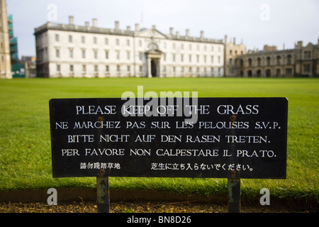 'Garder l'herbe' signe sur l'arrière pelouse devant l'immeuble de Gibb, vu depuis le dos de King's College, Cambridge. Banque D'Images