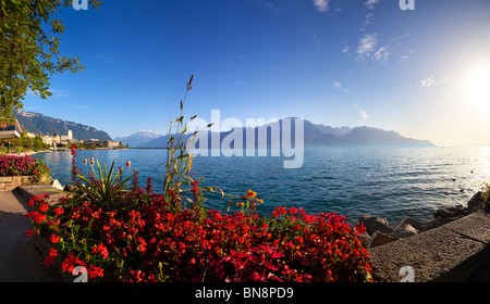 Le lac de Genève en Suisse panorama. Vue de la ville de Montreux shore. Banque D'Images