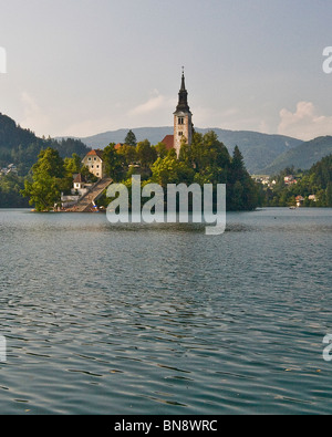 L'église de l'assomption sur l'île de Bled (Blejski Otok), la seule île naturelle dans le petit pays de la Slovénie. Banque D'Images