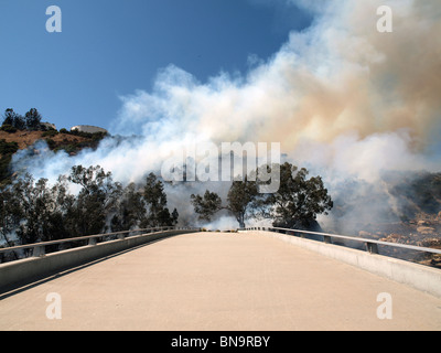 CHATSWORTH CALIFORNIA - 8 juillet 2010 : un feu de broussailles burns le long de la Freeway 118. Banque D'Images