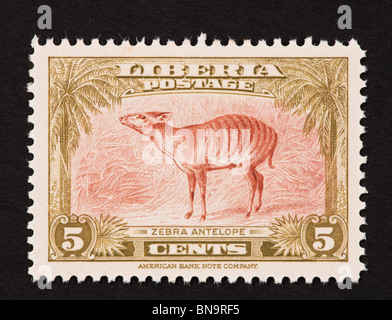 Timbre-poste du Libéria représentant une antilope zebra. Banque D'Images