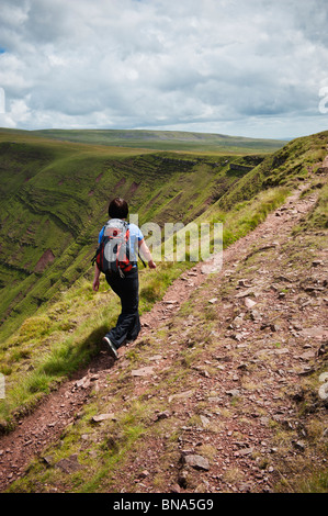 Female hiker sur Sir Bannu Gaer Ridge, Black Mountain, parc national de Brecon Beacons, le Pays de Galles Banque D'Images