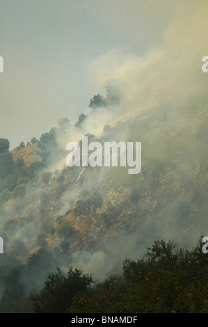 Les flammes et la fumée épaisse de grimper au cours des incendies de forêt massive due à des roquettes du Hezbollah lancées du Liban dans le nord de l'Eilat Israel Banque D'Images