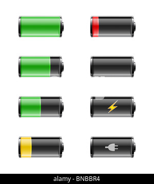 Les batteries avec diverses accusations de pleine charge à vide, sur un fond blanc avec chemin de détourage. Banque D'Images