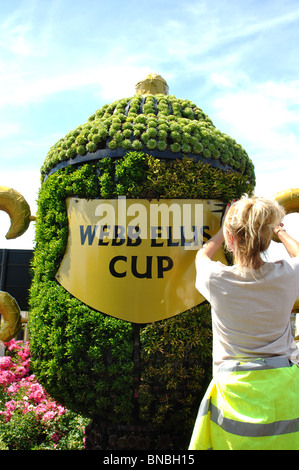 Chauffeur particulier femme plantes fraisage sur Webb Ellis Cup décoration florale, Rugby, Warwickshire, England, UK Banque D'Images