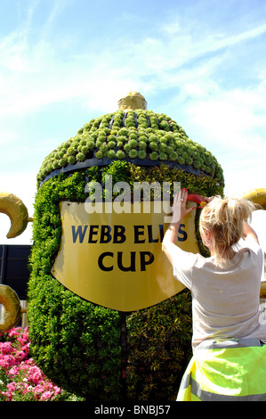 Chauffeur particulier femme plantes fraisage sur Webb Ellis Cup décoration florale, Rugby, Warwickshire, England, UK Banque D'Images