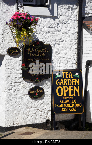 Old Thatch Teashop signe à Shanklin Old Village, île de Wight, Hampshire Royaume-Uni en juin Banque D'Images