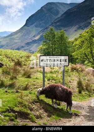 Buttermere, Lake District, UK avec village road sign Banque D'Images