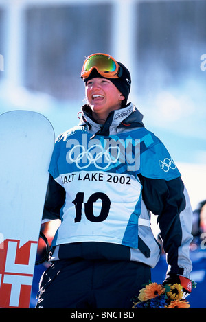 Kelly Clark (USA) médaille d'or dans la demi-lune aux Jeux Olympiques d'hiver de 2002, Salt Lake City, Utah, USA Banque D'Images