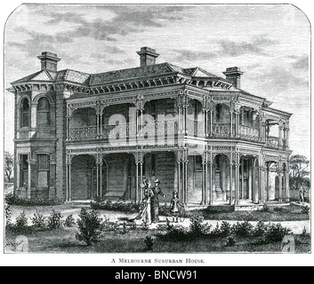 Une gravure d'une maison de la banlieue de Melbourne, Victoria, Australie - publié dans un livre imprimé en 1886. Banque D'Images