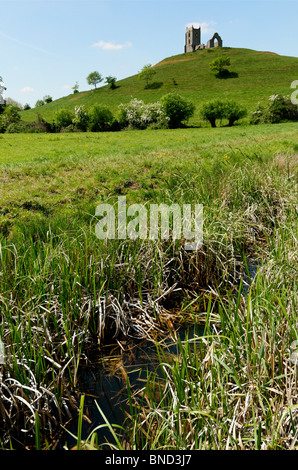 Repère important de Burrow mump dans Somerset sur une journée ensoleillée avec un fossé de drainage à l'avant-plan. Banque D'Images