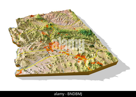 Arizona, 3D Carte en relief la découpe avec les zones urbaines et les autoroutes. Banque D'Images