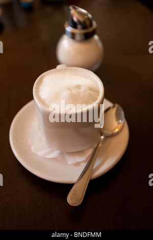 Un cappuccino fraîchement infusé avec une mousse riche et mousseuse servi dans une tasse blanche classique sur une soucoupe, avec une cuillère et un distributeur de sucre sur le côté, Banque D'Images