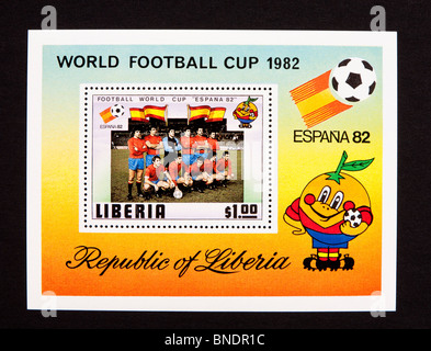 Bloc feuillet du Libéria illustrant le soccer. Banque D'Images