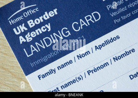 UK Border Agency carte de débarquement formulaire d'immigration Banque D'Images