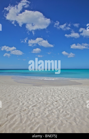 Des traces de pas dans le sable des Caraïbes avec l'océan bleu profond dans l'arrière-plan Banque D'Images