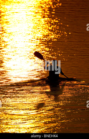 Les pagaies de kayak sur le lac Lady Bird près du centre-ville d'Austin, Texas, USA, au coucher du soleil sur un début de soirée d'été. Banque D'Images