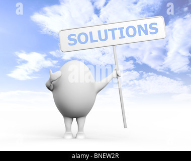 3D illustration d'un personnage cartoon egghead tenant une pancarte avec écrit dessus Solution under blue sky Banque D'Images