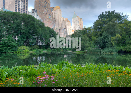 L'été à Central Park par l'étang avec fleurs au Gapstow bridge Banque D'Images