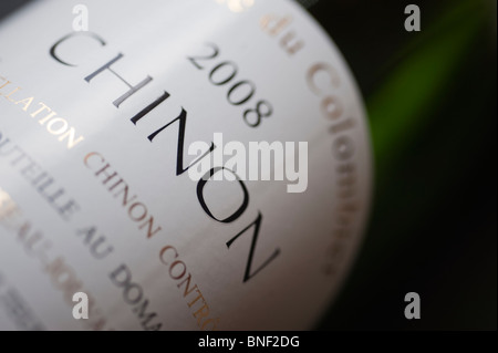 Étiquette de vin de Chinon, gros plan Banque D'Images