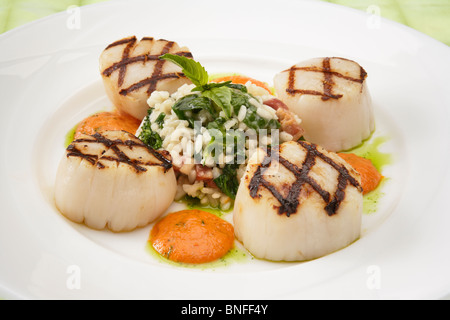 Les pétoncles avec le Risotto aux épinards Banque D'Images