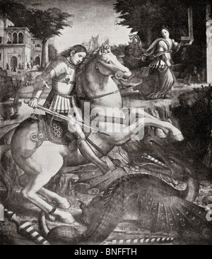 Saint George et le Dragon. Illustration de l'album Le Connaisseur illustré publié en 1904. Banque D'Images