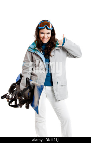 Fille isolé sur blanc avec un snowboard Banque D'Images