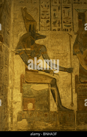 Temple ptolémaïque d'Hathor et Maat. Reliefs polychromes qui décorent l'intérieur. Anubis. Deir el-Médineh. L'Égypte. Banque D'Images