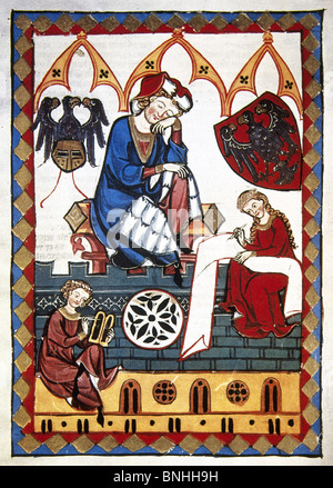 Reinmar Von Zweter (1200-1260), poète rhénan, enseigne aux deux jeunes hommes dans les arts. Le Codex Manesse. Banque D'Images