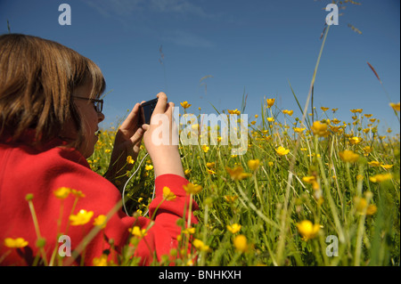 Enfant à l'aide d'appareil photo compact numérique photographie prairie jaune fleurs sur une journée ensoleillée, UK Banque D'Images