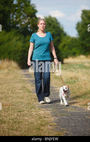 Femme avec Parson Russell Terrier, tenus en laisse Banque D'Images