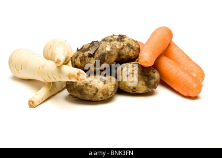 Les légumes racines à partir de trois perspectives faible contre isolé sur fond blanc. Banque D'Images