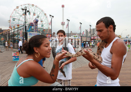 Femme parlant à Coney Island snake Brooklyn, NY Banque D'Images