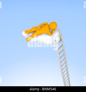 Homme étendu sur le nuage dans le ciel. Rendu 3d illustration. Banque D'Images