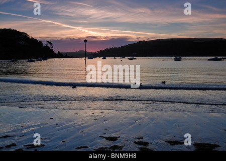 L'Aube à l'exploitation des sables bitumineux, Salcombe, Devon. Marée basse et silhouettes de canards et bateaux amarrés au lever du soleil. Banque D'Images