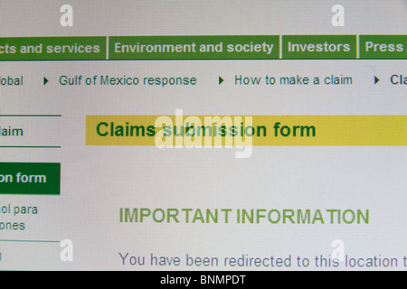 Capture d'écran du formulaire de soumission des demandes sur le site web de la BP 2010 catastrophe marée noire dans le golfe du Mexique. Juillet 2010 Banque D'Images