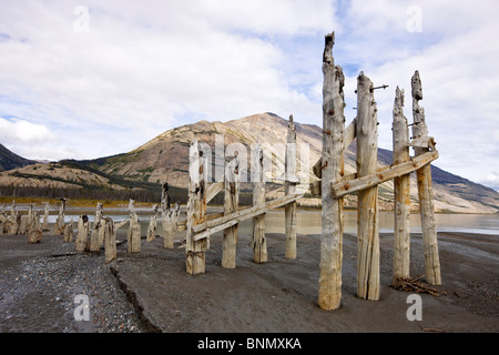 Pillings du pont de la rivière Slims original avec des moutons à l'arrière-plan, la montagne du parc national Kluane, Yukon, Canada. Banque D'Images