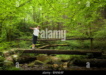 Woman Balancing on Log Bridge - Coontree Trail - Pisgah National Forest, à proximité de Brevard, North Carolina, États-Unis Banque D'Images