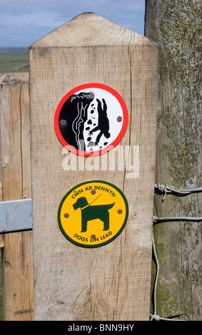 Sentier du littoral porte style avec pictogramme cliff tue logo. Les chiens en laisse. Pays de Galles Pembrokeshire UK 60279  Newgale Solva Banque D'Images