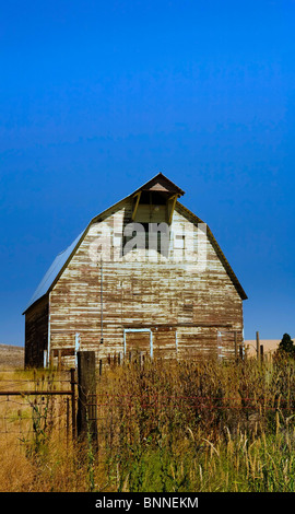 Ancienne grange avec fil barbelé en avant sous ciel bleu Banque D'Images