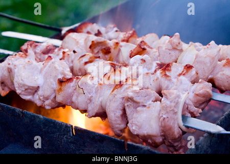 La viande à rôtir sur un feu dans la nature Banque D'Images