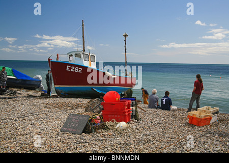 Bateau de pêche tiré au sec sur la plage à Beer, Devon, England, UK Banque D'Images