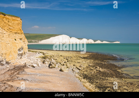 Sept Sœurs falaises, plage, Écart espère Seaford Head, South Downs Way, Parc National des South Downs, East Sussex, Angleterre Banque D'Images